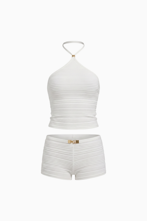 White Ribbed Halter Top and Shorts Set
