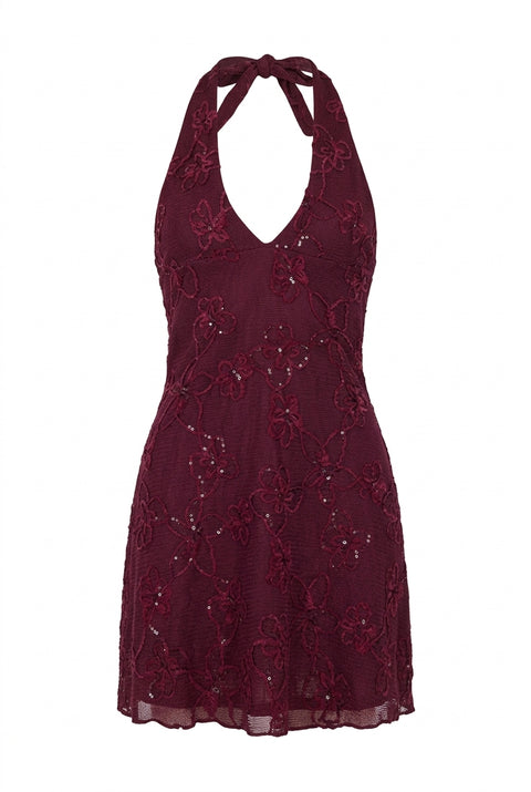 Deep Burgundy Sequined Floral Lace Halter Mini Dress