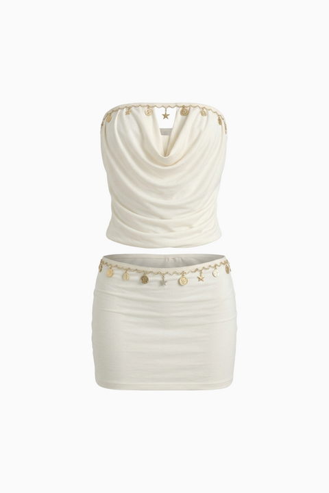 White Ruched Strapless Top & Mini Skirt Set