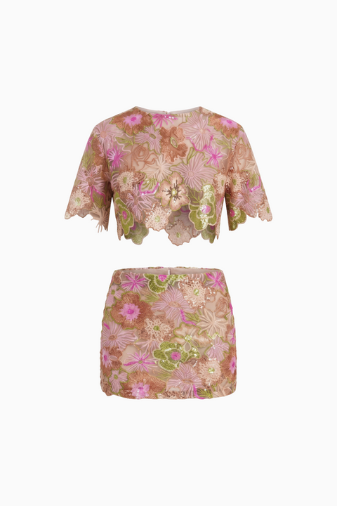 Floral Embroidered Mesh Crop Top and Mini Skirt Set