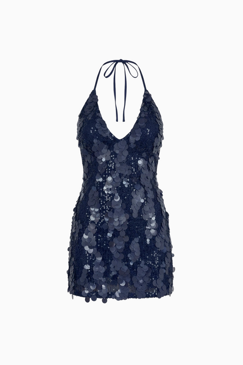 Navy Sequin Halter Mini Dress