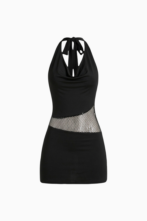 Black Halter Mesh Cutout Bodycon Mini Dress