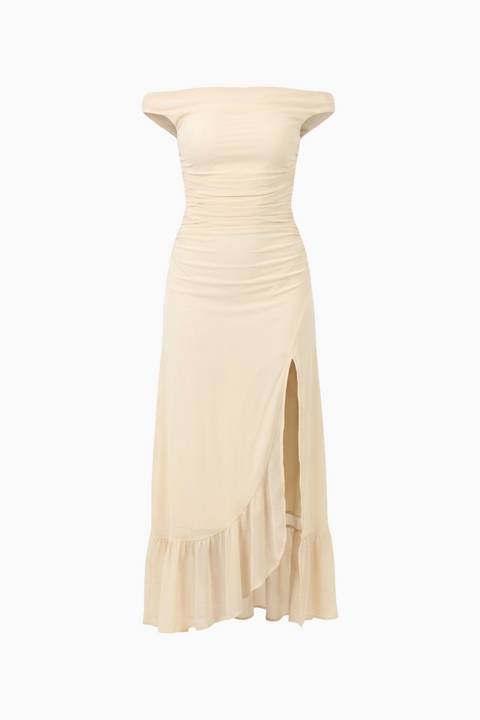 Pale Blush Ruched Maxi Dress