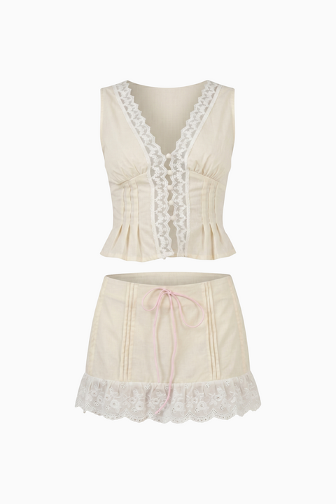 Cream Lace Crochet Top & Skirt Set