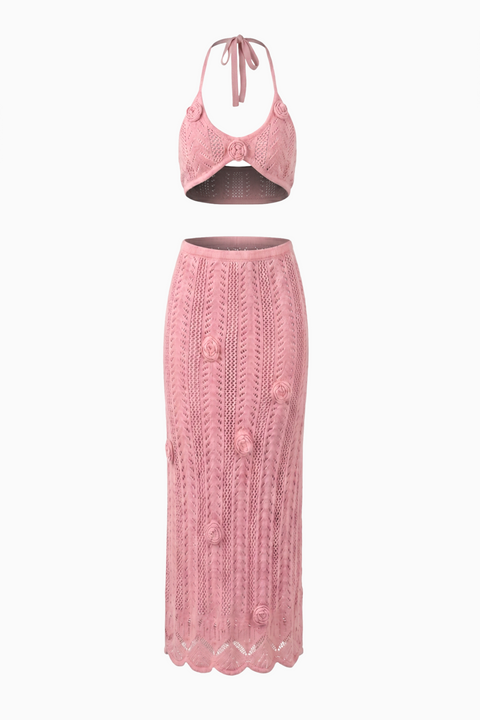 Pink Crochet Halter & Skirt Set