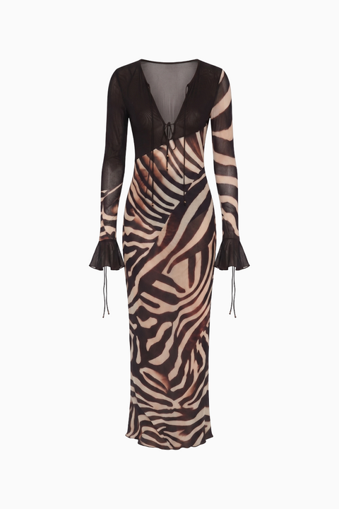 Zebra Print Sheer Panel Maxi Dress