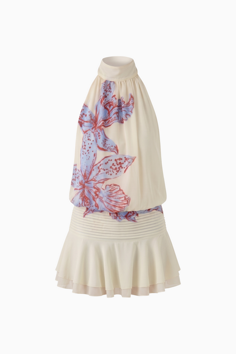 Cream Floral Halter Drop Waist Mini Dress