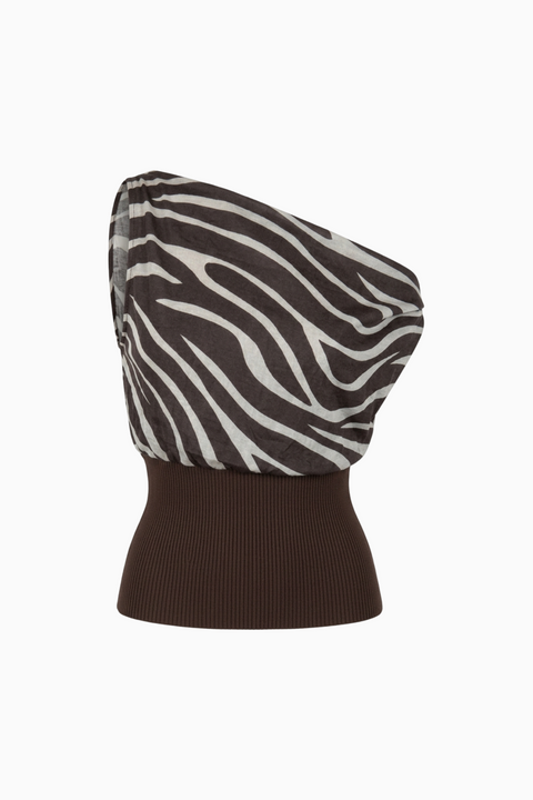 Draped One-Shoulder Zebra Print Top