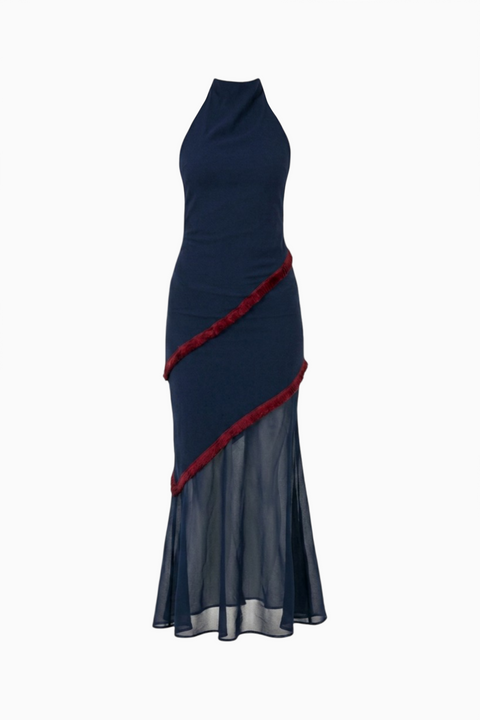 Navy Ruffle Detail Maxi Dress