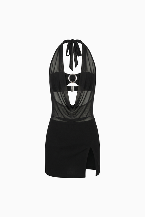 Black Sheer Panelled Halter with Ring Mini Dress