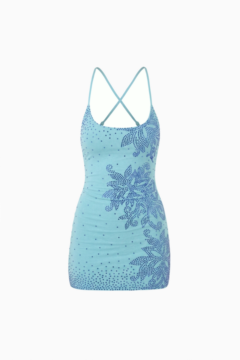 Blue Floral Embellished Mini Dress