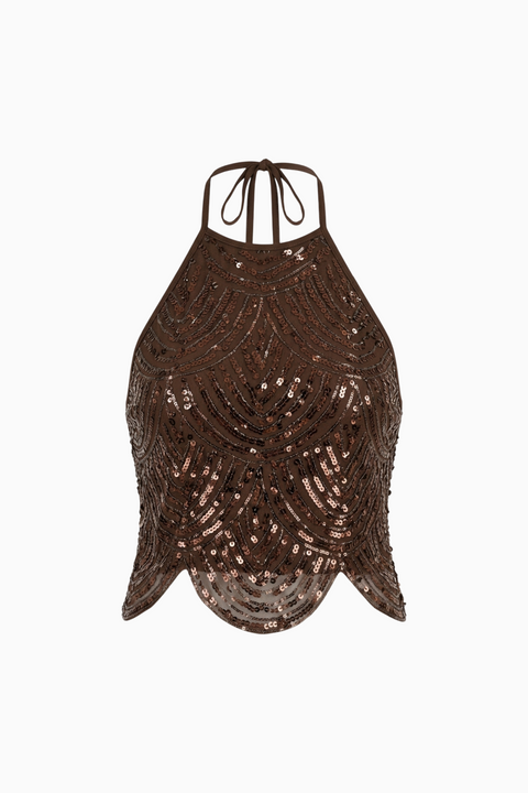 Brown Open-Weave Halter Top