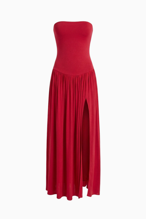 Red Satin Thigh-Slit Maxi Dress