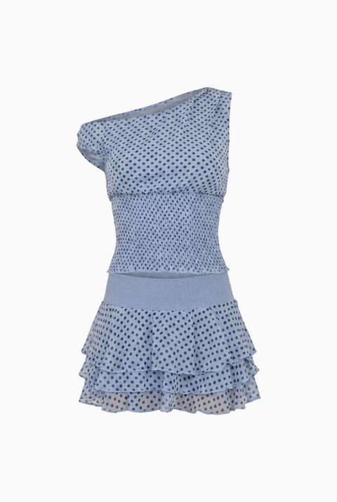 Blue Polka Dot One-Shoulder Tiered Set