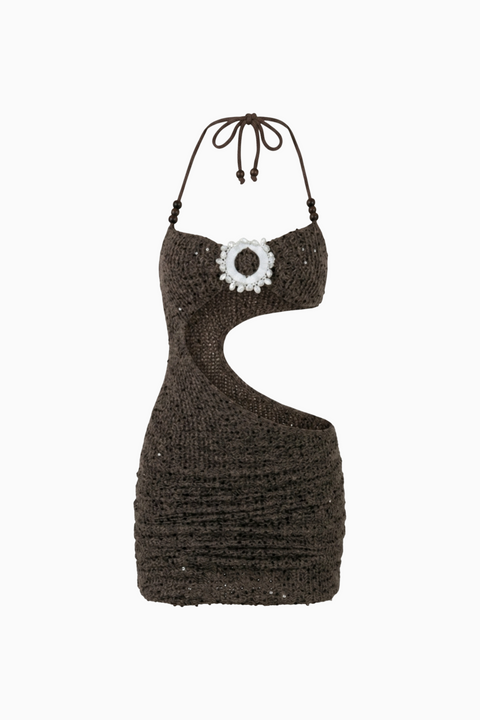 Brown Knit Cutout Halter Mini Dress