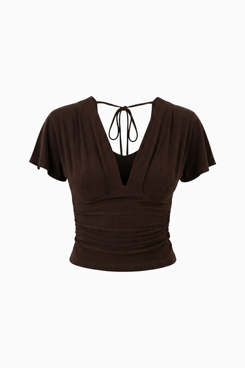 Deep V-Neck Ruched Flutter Sleeve Top