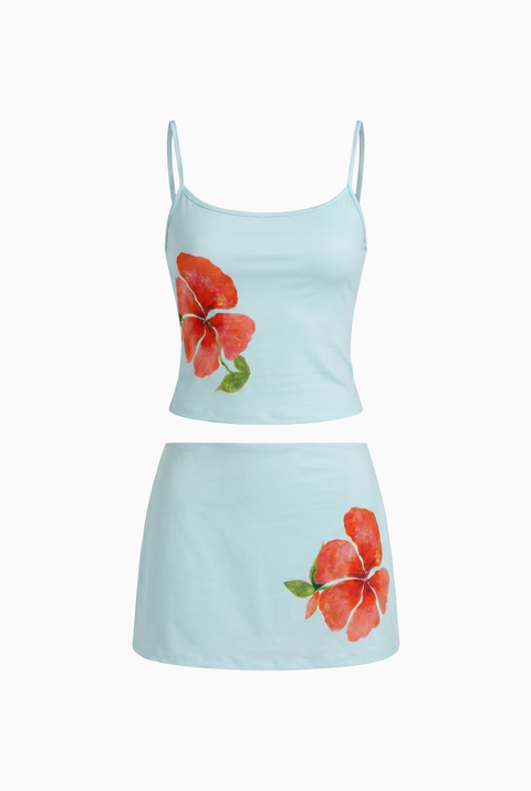 Light Blue Hibiscus Print Two-Piece Skirt Set