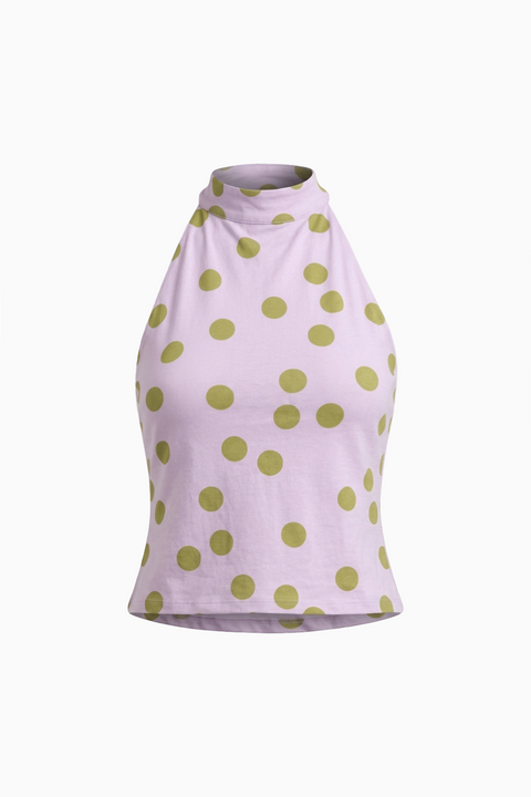 Lilac & Green Polka Dot High-Neck Crop Top