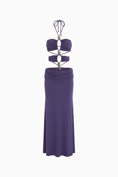 Purple Ruched Cutout Hardware Maxi Dress