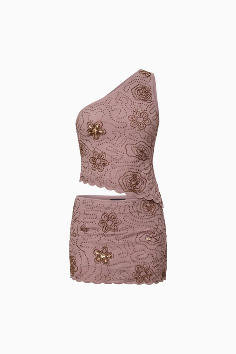 Dusty Rose Beaded Floral One-Shoulder Set