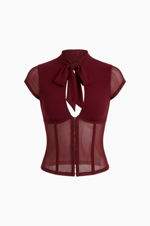 Burgundy Mesh Keyhole Corset Top