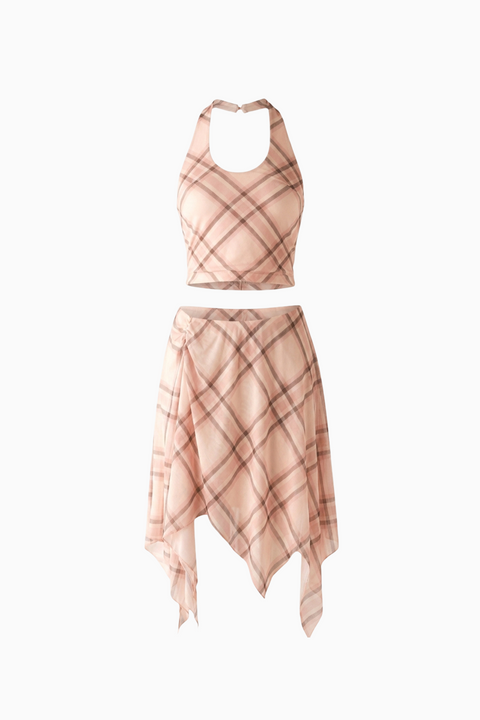 Pink Plaid Crop & Mini Skirt Set