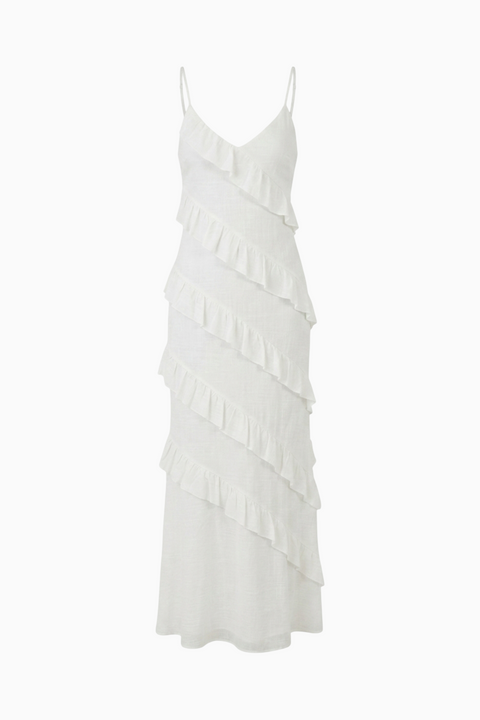 White Tiered Ruffle Flowing Maxi Dress