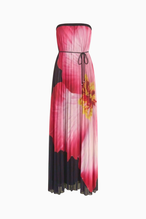 Pleated Hibiscus Bandeau Maxi Dress