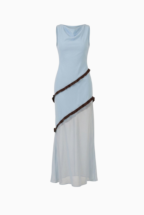 Light Blue Asymmetric Ruffle Trim Maxi Dress