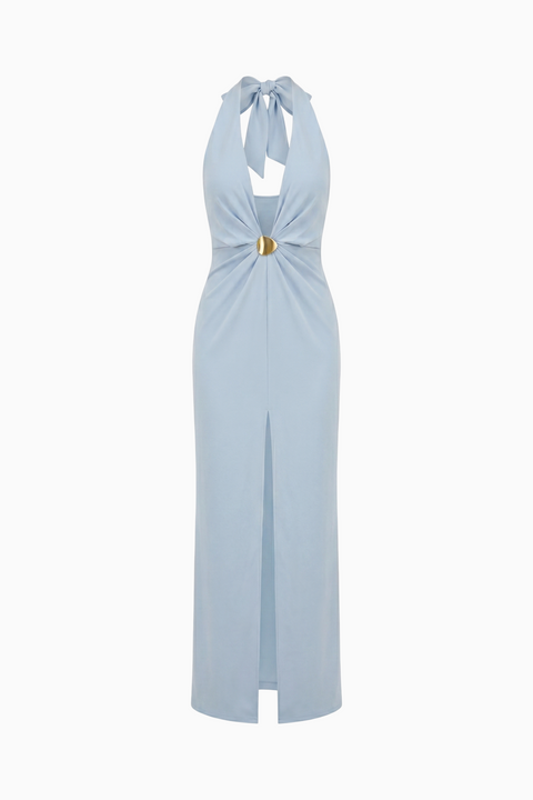 Light Blue Halter Neck Maxi Dress with Front Slit