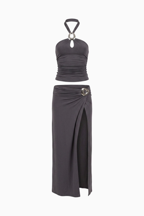 Charcoal Grey Two-Piece Ruched Halter and Maxi Skirt Set