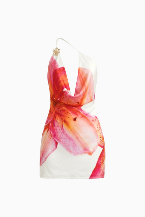Pink Floral Cowl Neck Mini Dress