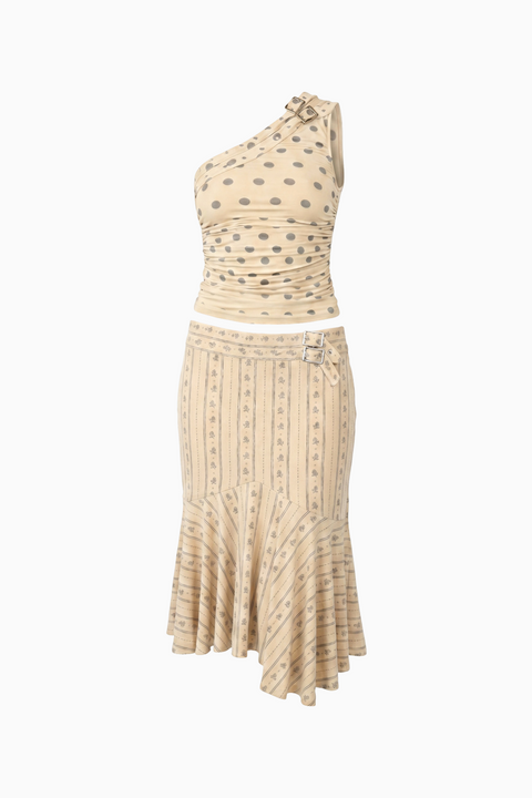 Asymmetric Polka Dot & Patterned Skirt Set