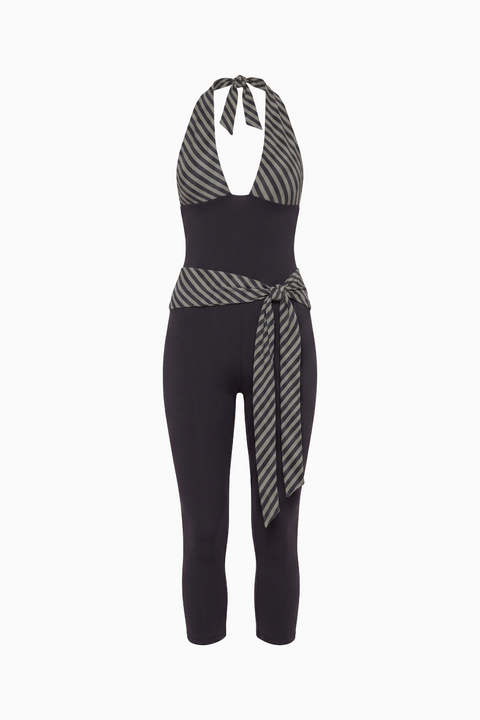 Chevron Stripe Halter Neck Cropped Jumpsuit with Tie Waist