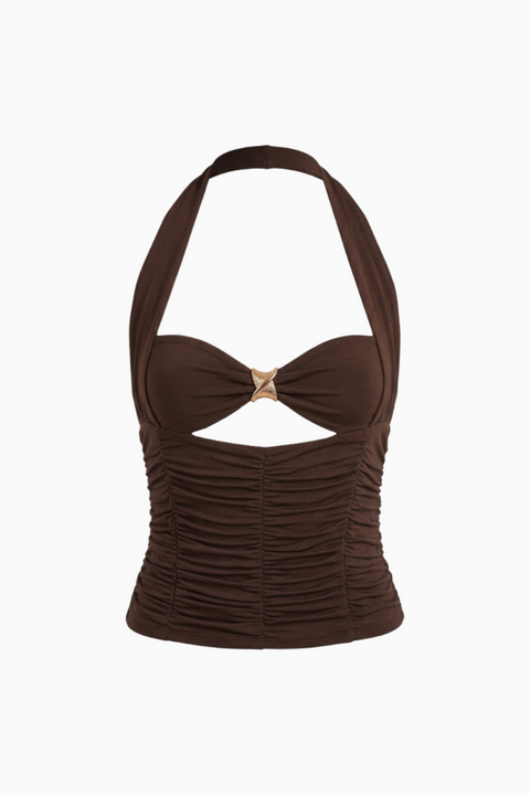 Brown Textured Fitted Crop Top