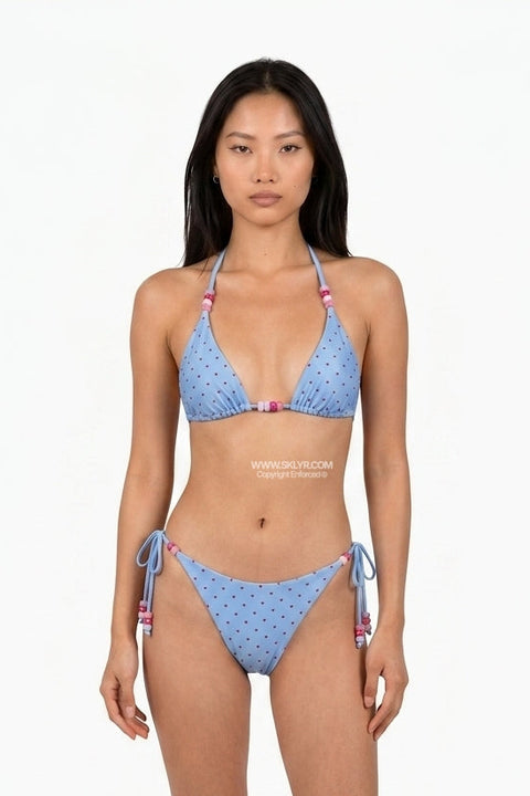 Beaded Light Blue Heart-Print Bikini