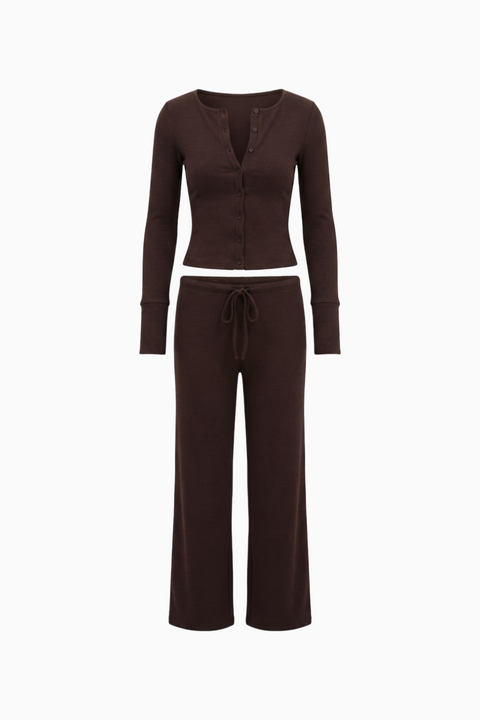 Ribbed Button-Up Top & Drawstring Wide-Leg Lounge Set