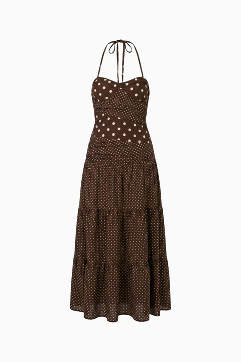 Brown Polka Dot Fitted Maxi Dress