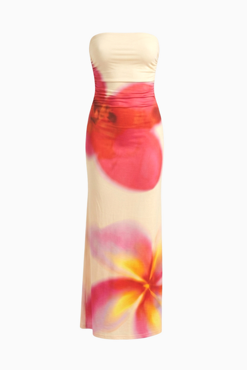 Cream & Red Allover Floral Ruched Maxi Dress