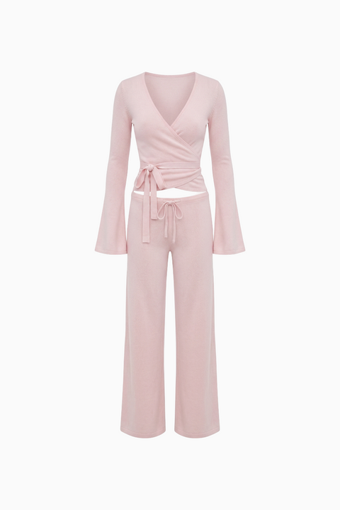 Ribbed Knit Wrap Top & Wide-Leg Pants Lounge Set