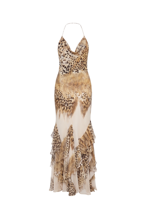 Leopard Print Halter Ruffle Maxi Dress