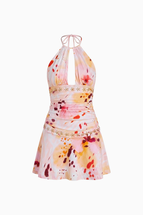 Abstract Floral Keyhole Mini Dress