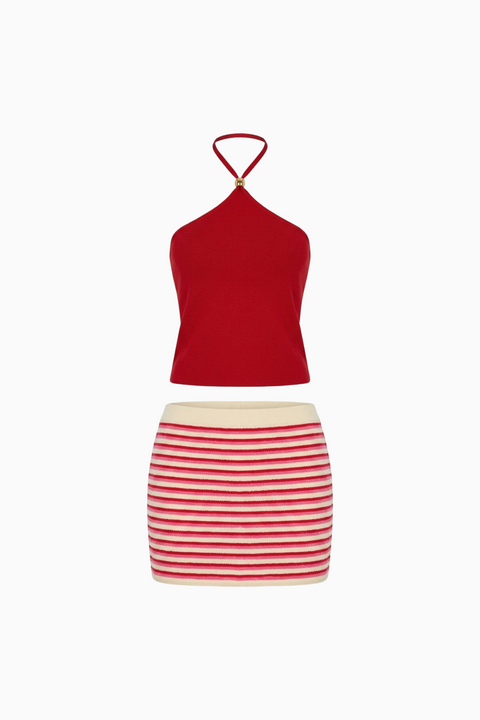 Red Halter Top and Striped Mini Skirt Set