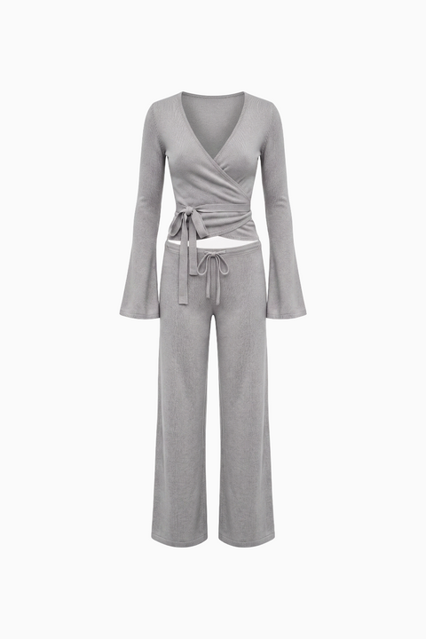 Ribbed Knit Wrap Top & Wide-Leg Pants Lounge Set