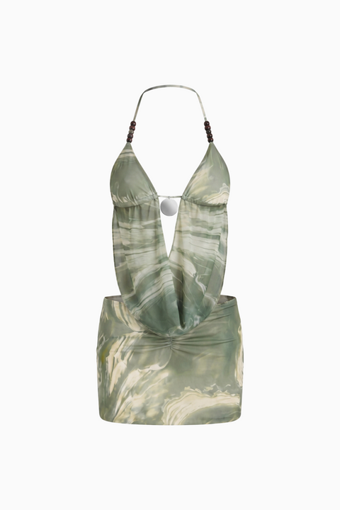 Green Marble Print Halter Top and Mini Skirt Set