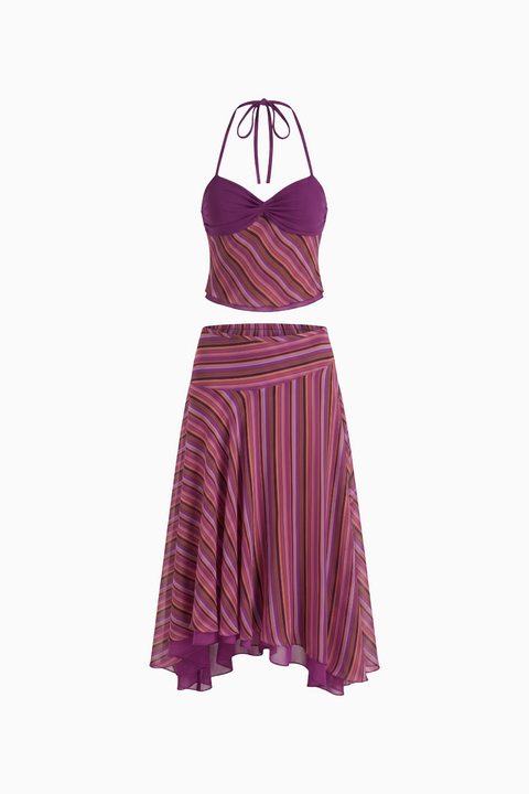 Sheer Stripe Twist-Bust Top & Skirt Set