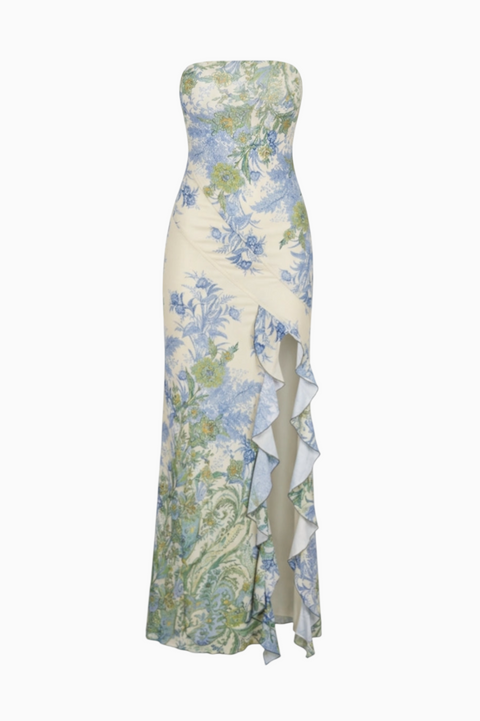 Strapless Floral Print with Ruffle Slit Maxi Dress