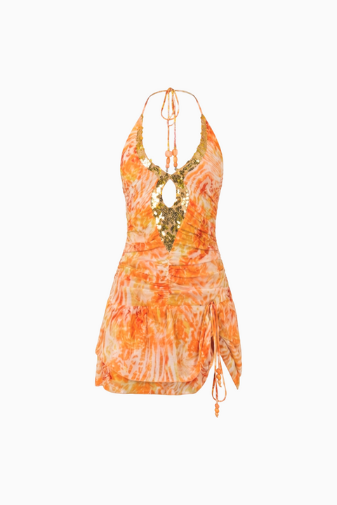 Multicolor Tropical Halter Mini Dress