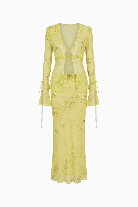 Sheer Abstract Print Tie-Front Maxi Set