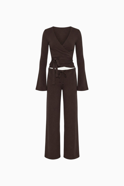 Ribbed Knit Wrap Top & Wide-Leg Pants Lounge Set